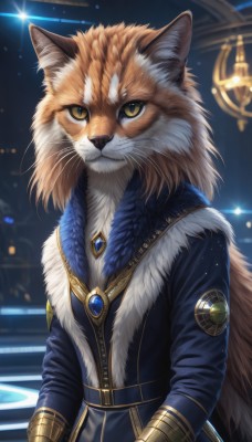 solo,looking at viewer,long sleeves,jewelry,closed mouth,standing,jacket,yellow eyes,upper body,artist name,signature,blurry,coat,fur trim,no humans,night,blurry background,animal,cat,slit pupils,blue jacket,brooch,gem,furry,fur collar,body fur,animal focus,white fur,blue coat,whiskers,blue gemstone,red gemstone,1girl,animal ears,belt,animal ear fluff