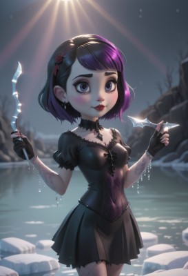 1girl,solo,breasts,looking at viewer,blush,smile,short hair,bangs,skirt,black hair,hair ornament,gloves,dress,holding,cleavage,jewelry,medium breasts,closed mouth,standing,purple eyes,collarbone,weapon,purple hair,flower,short sleeves,pantyhose,multicolored hair,cowboy shot,pleated skirt,hairband,earrings,small breasts,outdoors,parted lips,sky,choker,black gloves,puffy sleeves,shiny,artist name,fingerless gloves,black skirt,water,nail polish,holding weapon,mole,blurry,black eyes,black dress,two-tone hair,puffy short sleeves,lips,fingernails,see-through,hands up,covered navel,gradient hair,makeup,night,depth of field,blurry background,rose,thick eyebrows,knife,lipstick,fishnets,eyeshadow,dual wielding,rock,sun,red lips,holding knife,fishnet pantyhose,pleated dress,dagger,gothic,holding dagger,spider web print,fishnet gloves,blue eyes,eyelashes,pale skin,wading,lolita fashion,gothic lolita