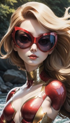 1girl,solo,long hair,breasts,looking at viewer,blonde hair,brown hair,cleavage,brown eyes,closed mouth,upper body,small breasts,outdoors,day,blurry,lips,eyelashes,bodysuit,makeup,floating hair,blurry background,sunlight,sunglasses,lipstick,goggles,skin tight,nose,center opening,red lips,tinted eyewear,superhero,red bodysuit,domino mask,shiny,covered nipples,mask,facing viewer,shiny clothes,rock