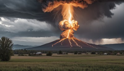 outdoors,sky,day,cloud,tree,no humans,cloudy sky,grass,fire,ground vehicle,nature,scenery,motor vehicle,forest,smoke,mountain,electricity,car,explosion,lightning,landscape,building,monster,road,giant,field,house,hill