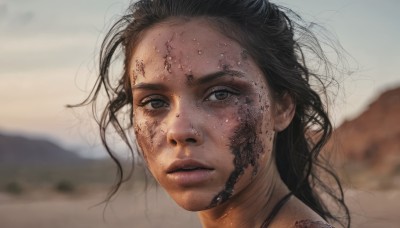 1girl,solo,long hair,looking at viewer,black hair,brown eyes,outdoors,parted lips,blurry,lips,blurry background,messy hair,portrait,freckles,realistic,dirty,dirty face,sky,floating hair,depth of field,wind,close-up,forehead,sand,desert