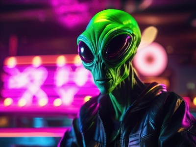 solo,1boy,jacket,upper body,male focus,blurry,black jacket,blurry background,colored skin,green skin,leather,alien,leather jacket,neon lights,looking at viewer,hood,depth of field,realistic