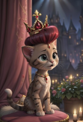 solo,blue eyes,jewelry,sitting,closed mouth,green eyes,full body,flower,red hair,sky,artist name,indoors,necklace,blurry,pillow,no humans,window,night,blurry background,rose,animal,cat,crown,plant,curtains,red flower,gem,furry,potted plant,candle,animal focus,cushion,castle,vase,canopy bed,moon,fire,night sky,whiskers,rug