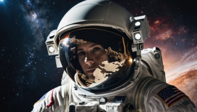 1girl,solo,looking at viewer,black hair,closed mouth,upper body,sky,dark skin,star (symbol),lips,moon,helmet,portrait,star (sky),starry sky,reflection,science fiction,realistic,space,planet,earth (planet),american flag,spacesuit,japanese flag,space helmet,astronaut,blue eyes,sun,flag print,united states,american flag print