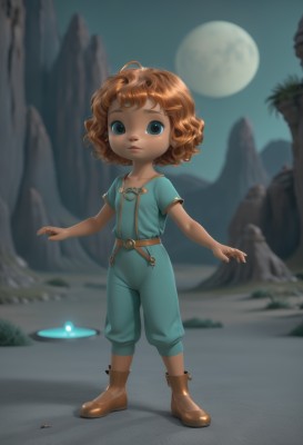 1girl,solo,looking at viewer,short hair,blue eyes,brown hair,shirt,standing,full body,short sleeves,boots,outdoors,sky,belt,dark skin,orange hair,blurry,dark-skinned female,lips,night,blurry background,glowing,brown footwear,moon,child,night sky,full moon,curly hair,female child,overalls