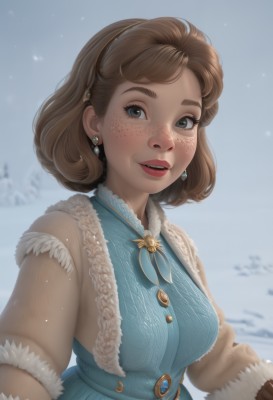 1girl,solo,breasts,looking at viewer,smile,short hair,open mouth,blue eyes,brown hair,gloves,long sleeves,dress,brown eyes,jewelry,medium breasts,upper body,hairband,earrings,outdoors,parted lips,teeth,day,artist name,blurry,black eyes,lips,coat,fur trim,eyelashes,makeup,blurry background,blue dress,watermark,lipstick,brooch,gem,web address,snow,brown gloves,freckles,snowing,nose,winter clothes,red lips,winter,winter coat,bangs,sky,thick eyebrows,realistic