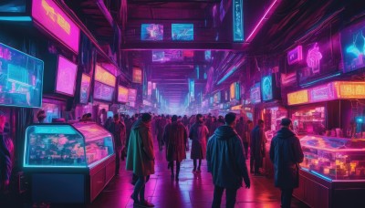 short hair,multiple girls,black hair,standing,jacket,multiple boys,indoors,hood,from behind,coat,night,scenery,reflection,science fiction,6+boys,city,crowd,cyberpunk,neon lights,people,6+others,hologram,hat,sign,dark,multiple others,monitor,screen