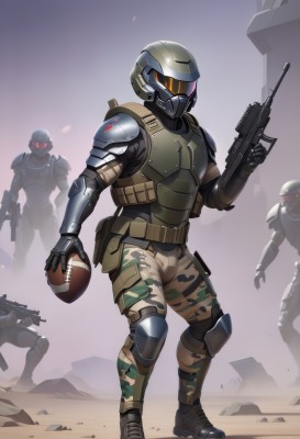 red eyes,gloves,1boy,holding,standing,full body,weapon,male focus,boots,multiple boys,solo focus,pants,2boys,holding weapon,armor,uniform,vest,gun,military,military uniform,glowing,3boys,helmet,shoulder armor,holding gun,rifle,ball,science fiction,pouch,assault rifle,knee pads,camouflage,multiple others,elbow pads,holding ball,power armor,basketball,soldier,bullpup,tactical clothes,battle rifle,bulletproof vest,camouflage pants,body armor,1girl,outdoors,trigger discipline,submachine gun