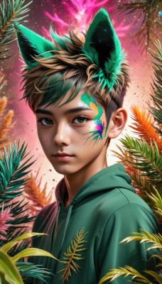 solo,looking at viewer,short hair,bangs,brown hair,black hair,1boy,animal ears,brown eyes,closed mouth,green eyes,upper body,male focus,multicolored hair,outdoors,green hair,artist name,cat ears,hood,two-tone hair,lips,hoodie,leaf,watermark,facial mark,hood down,plant,freckles,realistic,nose,green hoodie,fake animal ears,wolf ears,extra ears