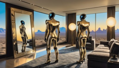 1girl,standing,ass,sky,indoors,from behind,pillow,window,bodysuit,bed,helmet,robot,couch,reflection,science fiction,sunset,1boy,male focus,shadow,mirror,lamp,painting (object),spacesuit,carpet