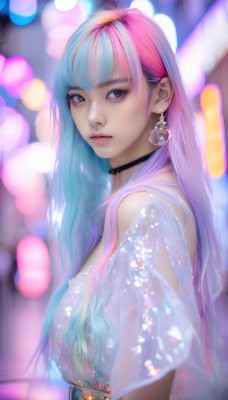 1girl,solo,long hair,breasts,looking at viewer,bangs,blue eyes,shirt,jewelry,closed mouth,blue hair,white shirt,upper body,pink hair,short sleeves,multicolored hair,earrings,choker,belt,blunt bangs,blurry,from side,two-tone hair,lips,see-through,grey eyes,eyelashes,makeup,depth of field,blurry background,black choker,eyeshadow,realistic,nose,bokeh,artist name,looking to the side,gradient hair,watermark,expressionless,mascara