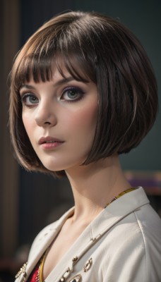 1girl,solo,looking at viewer,short hair,bangs,brown hair,shirt,jewelry,green eyes,jacket,upper body,parted lips,teeth,blunt bangs,necklace,blurry,black eyes,lips,grey eyes,eyelashes,makeup,depth of field,blurry background,bob cut,white jacket,lipstick,portrait,eyeshadow,realistic,nose,red lips,eyeliner,blue eyes,white shirt,artist name,from side,watermark,mascara