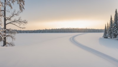 outdoors,sky,tree,no humans,shadow,ground vehicle,nature,scenery,snow,forest,sunset,mountain,road,winter,bare tree,bicycle,landscape,day,cloud,water,blue sky,grass,reflection,lake,sunrise