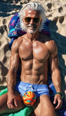 solo,looking at viewer,smile,1boy,navel,jewelry,sitting,underwear,nipples,white hair,male focus,outdoors,lying,day,on back,stomach,bracelet,muscular,facial hair,beach,abs,sunglasses,ring,pectorals,muscular male,bara,beard,bulge,topless male,mature male,realistic,mustache,sand,manly,old,male swimwear,old man,navel hair,swim trunks,swim briefs,short hair,thighs,grin,blurry,from above,scar,ball,veins,cigarette,smoking,wedding ring,shade,chest hair,leg hair,body hair,wrinkled skin