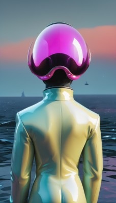 1girl,solo,long sleeves,1boy,standing,upper body,ass,male focus,outdoors,sky,cloud,water,from behind,bodysuit,night,ocean,back,helmet,star (sky),arms at sides,horizon,facing away,watercraft,jumpsuit,boat,tokusatsu,yellow bodysuit,motorcycle helmet,lighthouse,jacket,science fiction,yellow jacket