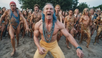 long hair,open mouth,hat,jewelry,nipples,blue hair,weapon,male focus,nude,outdoors,multiple boys,penis,barefoot,day,pants,necklace,bracelet,tree,muscular,facial hair,parody,beard,6+boys,topless male,realistic,bald,old,horse,dirty,bodypaint,what,fine art parody,tribal,looking at viewer,smile,short hair,blonde hair,shirt,black hair,navel,standing,grey hair,sweat,sky,teeth,tongue,dark skin,mole,tattoo,chain,animal,piercing,abs,sunglasses,dark-skinned male,pectorals,muscular male,pointing,clenched hand,red headwear,clenched hands,walking,beads,meme,running,wide-eyed,mustache,facepaint,nipple piercing,very short hair,scared,manly,fat,chest hair,shouting,old man,baby,fat man,backwards hat,leg hair,arm hair,hairy,dirty face,dirty clothes,body hair,yellow pants