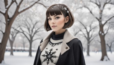 1girl,solo,looking at viewer,smile,short hair,bangs,blue eyes,brown hair,black hair,hair ornament,jewelry,jacket,upper body,hairband,earrings,outdoors,parted lips,open clothes,teeth,day,blunt bangs,blurry,sweater,tree,lips,coat,black jacket,blurry background,turtleneck,bob cut,snow,snowing,turtleneck sweater,winter clothes,white sweater,snowflakes,winter,bare tree,snowflake hair ornament,grey eyes,eyelashes,realistic,nose