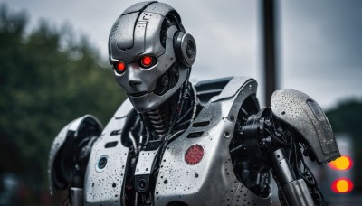 solo,looking at viewer,red eyes,1boy,upper body,male focus,outdoors,blurry,no humans,blurry background,glowing,robot,mecha,glowing eyes,1other,science fiction,realistic,damaged,humanoid robot,armor,tree,depth of field,android,cable,robot joints,power armor,cyberpunk