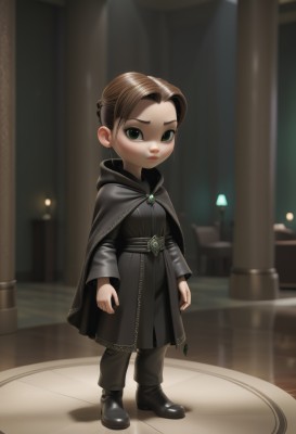 1girl,solo,looking at viewer,short hair,brown hair,long sleeves,dress,jewelry,closed mouth,green eyes,standing,full body,boots,pants,indoors,hood,cape,black footwear,blurry,black dress,capelet,blurry background,aged down,brooch,gem,child,cloak,forehead,robe,arms at sides,female child,lips,lamp,pillar