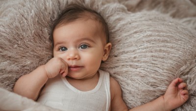 1girl,solo,looking at viewer,brown hair,shirt,1boy,upper body,male focus,lying,parted lips,sleeveless,on back,black eyes,lips,pillow,grey eyes,bed,tank top,child,realistic,female child,male child,brown eyes,bed sheet,aged down,white tank top