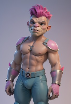 solo,looking at viewer,smile,short hair,simple background,gloves,1boy,navel,brown eyes,jewelry,nipples,pink hair,male focus,cowboy shot,earrings,teeth,pointy ears,belt,pants,fingerless gloves,armor,muscular,scar,piercing,abs,thick eyebrows,pectorals,denim,muscular male,shoulder armor,gauntlets,bara,furry,large pectorals,bulge,pauldrons,topless male,jeans,undercut,shoulder pads,biceps,mohawk,fangs,claws,scar on face,furry male