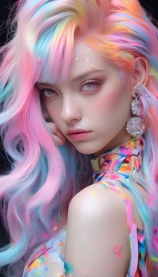 1girl,solo,long hair,looking at viewer,bangs,simple background,bare shoulders,brown eyes,jewelry,closed mouth,blue hair,upper body,pink hair,multicolored hair,earrings,sleeveless,hand up,pink eyes,from side,lips,eyelashes,makeup,black background,portrait,hand on own face,eyeshadow,freckles,realistic,nose,colorful,mascara,rainbow hair,blush,orange hair,petals,gradient hair,wavy hair,pink lips,hand on own cheek,pearl (gemstone)