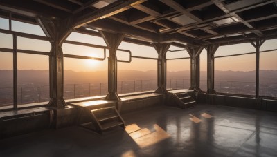 outdoors,sky,cloud,indoors,water,no humans,window,sunlight,building,scenery,reflection,sunset,light rays,mountain,city,railing,sun,light,cityscape,skyscraper,sunrise,shadow,lens flare,evening,landscape,mountainous horizon