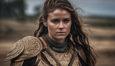 1girl,solo,long hair,looking at viewer,brown hair,brown eyes,closed mouth,upper body,outdoors,day,armor,blurry,lips,grey eyes,blurry background,wavy hair,shoulder armor,messy hair,portrait,freckles,pauldrons,breastplate,realistic,chainmail,floating hair,serious,sand,desert