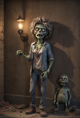 1girl,looking at viewer,short hair,open mouth,brown hair,shirt,holding,jewelry,standing,jacket,full body,yellow eyes,white shirt,open clothes,shoes,teeth,belt,pants,necklace,open jacket,fingernails,torn clothes,blood,shadow,glowing,colored skin,chain,brown footwear,denim,sharp teeth,blue jacket,messy hair,glowing eyes,buckle,pendant,sleeves rolled up,monster,watch,jeans,injury,lantern,belt buckle,blue pants,lamp,key,blood on clothes,green skin,stitches,grey skin,no pupils,zombie,blood on hands,torn pants,horror (theme),blood stain,goblin,denim jacket,solo,breasts,black hair,red eyes,collarbone,orange eyes,skull,blue skin,torn shirt,bone,undead