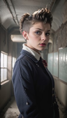 1girl,solo,looking at viewer,short hair,blue eyes,brown hair,shirt,black hair,bow,jewelry,school uniform,jacket,white shirt,upper body,earrings,parted lips,collared shirt,indoors,bowtie,hair bun,blurry,red bow,from side,lips,window,buttons,blurry background,single hair bun,red bowtie,freckles,realistic,stud earrings,hallway,ponytail,teeth,striped,looking to the side,makeup,piercing,formal,blazer,suit,blue jacket,ear piercing,short ponytail,nose,undercut,dirty