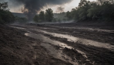 outdoors,sky,day,cloud,water,tree,no humans,cloudy sky,fire,nature,scenery,forest,smoke,river,landscape,fog,mountain,shore