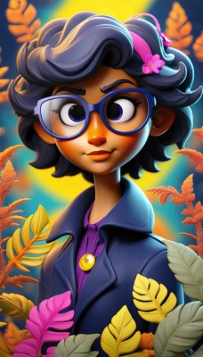 1girl,solo,looking at viewer,smile,short hair,blue eyes,shirt,black hair,hair ornament,jewelry,closed mouth,purple eyes,jacket,upper body,flower,hairband,glasses,artist name,hair flower,dark skin,necklace,dark-skinned female,lips,makeup,leaf,watermark,lipstick,eyeshadow,curly hair,very dark skin,blue-framed eyewear,multicolored hair,messy hair,purple shirt