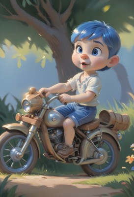 solo,smile,short hair,open mouth,blue eyes,shirt,1boy,sitting,blue hair,full body,white shirt,flower,short sleeves,male focus,outdoors,shoes,shorts,day,artist name,tree,brown footwear,grass,ground vehicle,child,motor vehicle,blue shorts,riding,male child,motorcycle,blush,denim,t-shirt,sneakers,freckles,bicycle