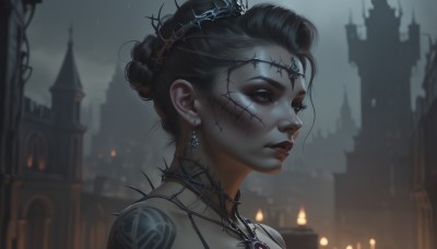 1girl,solo,short hair,black hair,hair ornament,bare shoulders,brown eyes,jewelry,upper body,braid,earrings,outdoors,parted lips,necklace,hair bun,blurry,black eyes,lips,grey eyes,tattoo,makeup,depth of field,blurry background,facial mark,looking away,single hair bun,fire,tiara,lipstick,gem,portrait,eyeshadow,realistic,nose,red lips,candle,castle,mascara,closed mouth,from side,eyelashes,crown,building,pale skin,thorns,grey sky