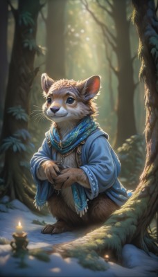 solo,looking at viewer,smile,blue eyes,1boy,jewelry,standing,outdoors,necklace,scarf,blurry,tree,no humans,depth of field,blurry background,animal,nature,furry,snow,forest,candle,animal focus,blue scarf,mouse,clothed animal,animal ears,sitting,male focus,teeth,leaf,own hands together