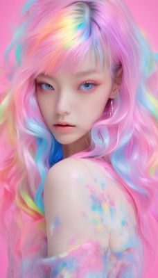 1girl,solo,long hair,looking at viewer,bangs,blue eyes,simple background,bare shoulders,jewelry,closed mouth,blue hair,upper body,pink hair,multicolored hair,earrings,parted lips,lips,eyelashes,gradient hair,makeup,wavy hair,pink background,eyeshadow,eyeliner,colorful,mascara,rainbow hair,from side,expressionless,pink lips,realistic,nose