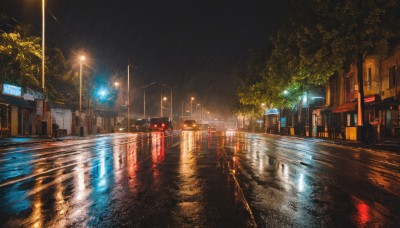 outdoors,sky,water,tree,dutch angle,no humans,night,ground vehicle,building,star (sky),night sky,scenery,motor vehicle,reflection,rain,city,sign,car,light,road,cityscape,fireworks,bridge,power lines,lamppost,street,skyscraper,city lights,lights,reflective water,real world location,window,road sign,traffic light,crosswalk