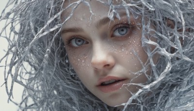 1girl,solo,long hair,looking at viewer,open mouth,blue eyes,simple background,grey hair,parted lips,teeth,mole,lips,grey eyes,eyelashes,mole under eye,portrait,snow,close-up,freckles,realistic,short hair,water,tree,nose,branch,bare tree