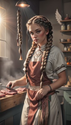 1girl,solo,long hair,looking at viewer,blush,blue eyes,brown hair,hair ornament,holding,jewelry,standing,braid,short sleeves,cowboy shot,food,puffy sleeves,artist name,indoors,apron,twin braids,bracelet,puffy short sleeves,lips,watermark,sunlight,knife,steam,hair over shoulder,forehead,freckles,realistic,nose,holding knife,cooking,kitchen,stove,kitchen knife,cutting board,multiple braids,breasts,shirt,dress,closed mouth,white shirt,hairband,nail polish,mole,fingernails,sidelighting