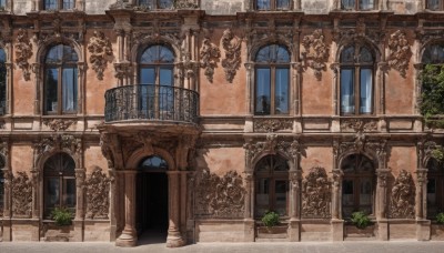 outdoors,day,indoors,tree,no humans,window,plant,building,scenery,stairs,door,railing,potted plant,architecture,pillar,arch,chandelier,column,sky,bush,gate