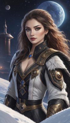 1girl,solo,long hair,breasts,looking at viewer,brown hair,cleavage,brown eyes,jewelry,medium breasts,closed mouth,upper body,outdoors,sky,belt,armor,mole,lips,fur trim,makeup,night,wavy hair,moon,lipstick,brooch,gem,star (sky),night sky,snow,full moon,starry sky,nose,red lips,planet,earrings,necklace,cape,eyeshadow,realistic