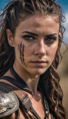 1girl,solo,long hair,looking at viewer,brown hair,black hair,brown eyes,jewelry,closed mouth,yellow eyes,earrings,armor,blurry,lips,eyelashes,tattoo,blurry background,wavy hair,facial mark,piercing,shoulder armor,messy hair,portrait,freckles,pauldrons,realistic,nose,sky,blue sky,close-up,facepaint,dirty