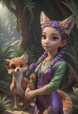 1girl,solo,long hair,breasts,looking at viewer,smile,long sleeves,dress,animal ears,twintails,jewelry,closed mouth,standing,purple eyes,tail,purple hair,braid,cowboy shot,earrings,small breasts,outdoors,day,artist name,necklace,twin braids,tree,lips,animal ear fluff,fox ears,eyelashes,fox tail,animal,leaf,sunlight,grass,plant,fox girl,nature,hair over shoulder,purple dress,pendant,forest,freckles,nose,multiple braids,vest,leotard,makeup,own hands together,claws,extra ears,forehead,stud earrings,dappled sunlight,fox,purple leotard