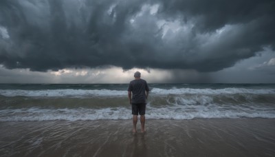 solo,short hair,shirt,black hair,1boy,standing,short sleeves,grey hair,male focus,outdoors,sky,shorts,barefoot,cloud,water,from behind,black shirt,ocean,beach,black shorts,cloudy sky,t-shirt,scenery,wading,walking,sand,horizon,facing away,waves,shore,wide shot