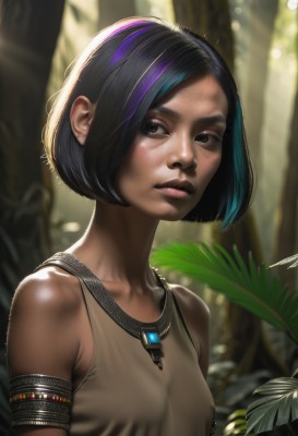 1girl,solo,breasts,looking at viewer,short hair,black hair,bare shoulders,brown eyes,jewelry,closed mouth,upper body,purple hair,multicolored hair,small breasts,outdoors,sleeveless,artist name,dark skin,necklace,blurry,black eyes,two-tone hair,dark-skinned female,tree,lips,streaked hair,blurry background,bob cut,tank top,plant,nature,armband,armlet,forest,freckles,realistic,nose,bangs,collarbone,earrings,signature,covered nipples,parted bangs,leaf,sunlight