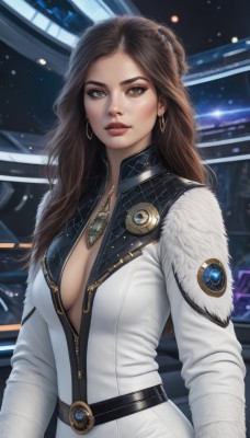 1girl,solo,long hair,breasts,looking at viewer,large breasts,brown hair,long sleeves,cleavage,brown eyes,jewelry,medium breasts,upper body,earrings,parted lips,belt,necklace,lips,coat,fur trim,no bra,bodysuit,makeup,hoop earrings,realistic,nose,white coat,open clothes,zipper,center opening,unzipped,red lips,white bodysuit,plunging neckline