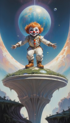 1girl,solo,looking at viewer,smile,short hair,open mouth,blue eyes,long sleeves,standing,full body,:d,male focus,boots,outdoors,sky,teeth,orange hair,brown footwear,moon,grass,outstretched arms,star (sky),1other,floating,curly hair,sun,facepaint,planet,pillar,earth (planet),spacesuit,1boy,blush stickers,space,clown