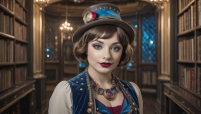 1girl,solo,looking at viewer,smile,short hair,bangs,brown hair,shirt,hat,brown eyes,jewelry,closed mouth,white shirt,upper body,indoors,necklace,blurry,vest,lips,book,eyelashes,makeup,blurry background,lipstick,gem,eyeshadow,top hat,nose,bookshelf,red lips,library,cleavage,parted lips,window,depth of field,portrait,blue headwear,hat ornament,pearl necklace