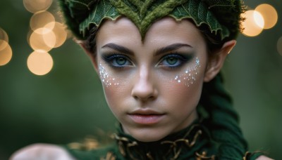 1girl,solo,long hair,looking at viewer,blue eyes,black hair,green eyes,braid,green hair,pointy ears,blurry,lips,eyelashes,makeup,depth of field,portrait,close-up,freckles,realistic,nose,bokeh,brown hair,hair ornament,closed mouth,leaf,elf