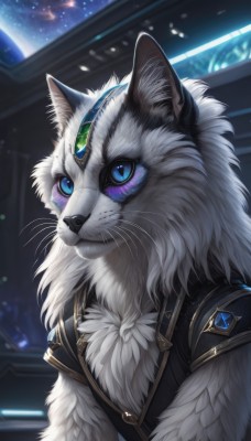 solo,looking at viewer,blue eyes,1boy,closed mouth,jacket,upper body,male focus,black jacket,no humans,animal,cat,slit pupils,gem,star (sky),furry,colored sclera,space,animal focus,white fur,forehead jewel,whiskers,blue gemstone,fluffy,blue sclera,animal ears,sky,artist name,planet